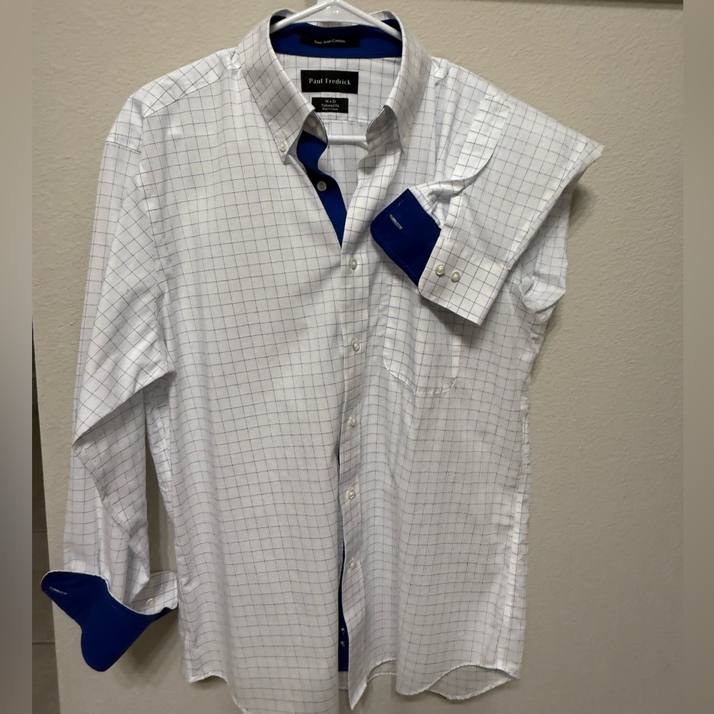 LIKE NEW Paul Fredrick blue 🟦 windowpane dress shirt with contrast trim 16 x 33